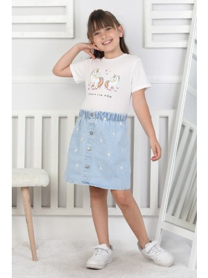 Çiçekli Kız Çocuk Jean Etek