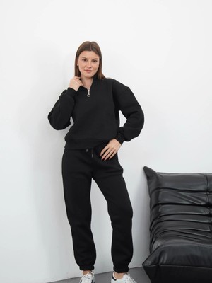 Zerenyus 3 Iplik Içi Şardonlu Yarım Fermuarlı Alt Üst Takım Siyah