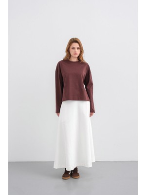 Kahve Kadın Bisiklet Yaka Etek Yırtmaçlı %100 Pamuk Oversize Basic Sweatshirt