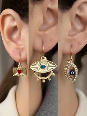 NKT Collection Göz Nazar Göz Kalp Zarf Sembol Figürlü 3’lü Kadın Küpe Set