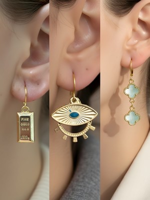 NKT Collection Turkuaz Yonca Göz Külçe Altın Sembol Figürlü 3’lü Kadın Küpe Set