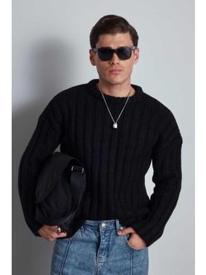 Abluka Online Erkek Oversize Kalın Fitilli Triko Kazak Siyah