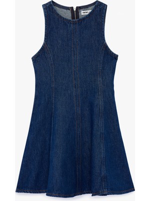 Koton Pamuklu Kolsuz Bisiklet Yaka Denim Elbise