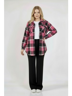 Volanlı Pembe Siyah Ekose Oversize Oduncu Gömlek