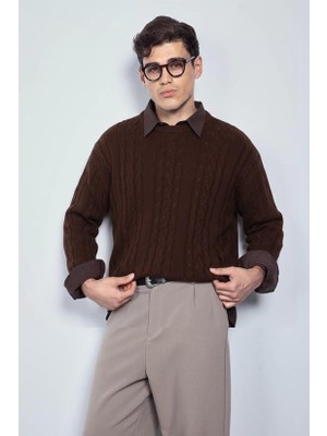 Abluka Online Erkek Relax Fit Örgü Desenli Triko Kazak Kahverengi