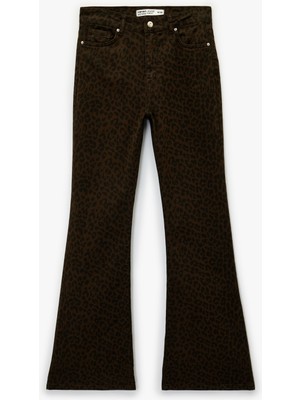 Koton Cepli Yüksek Bel Leopar Desenli Ispanyol Paça Jean Pantolon - Flare Jeans