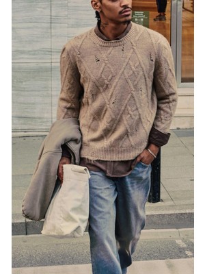 Abluka Online Erkek Oversize Desenli Triko Kazak Taş