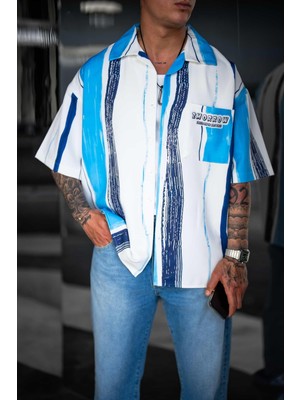 Abluka Online Erkek Süper Oversize Desenli Kısa Kollu Gömlek Mavi