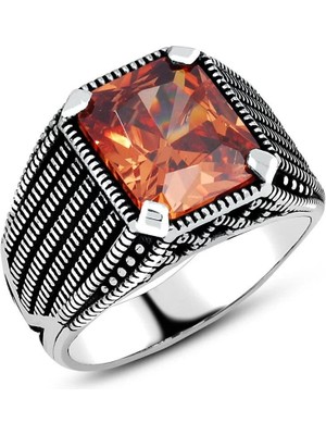 Takılingo 925 Ayar Gümüş Sitrin Taşlı Sade Pençeli Erkek Yüzük