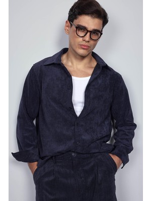 Abluka Online Erkek Oversize Kadife Dokulu Uzun Kollu Gömlek Lacivert