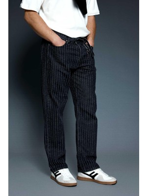 Abluka Online Erkek Desenli Kemer Detaylı Baggy Fit Jean Siyah