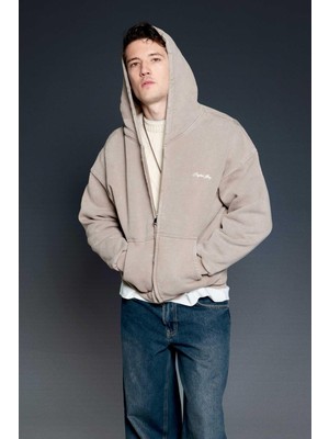 Abluka Online Erkek Relax Fit Yıkamalı Kapüşonlu Sweatshirt Koyu Bej