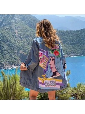 Poupee Kadın Büyük Beden Mavi Denim Ceket, Uzun Kollu Gömlek Yaka, Casual Tarz, %100 Pamuk