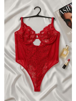 Kırmızı Transparan Dantelli Body