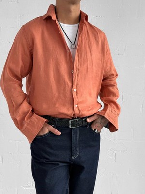 Abluka Online Erkek Uzun Kollu Regular Fit %100 Keten Gömlek Turuncu