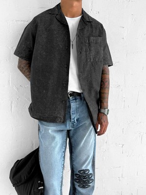 Abluka Online Erkek Yıkamalı Küba Yaka Oversize Kısa Kollu Gömlek Siyah