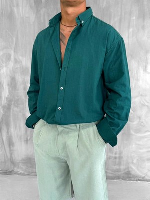 Abluka Online Erkek Relax Fit Rahat Kesim Ince Gömlek Koyu Yeşil