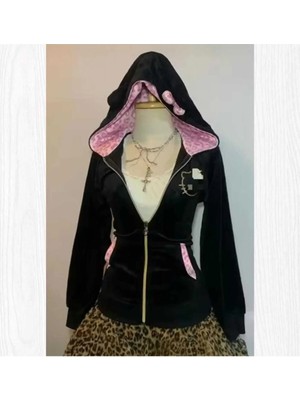 İsra Ayyıldız Moonstar Collection Hello Kitty Fiyonklu Y2K Kadife Kapüşonlu Hırka