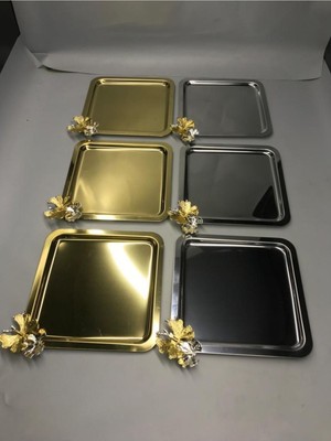 2 Farklı Renkte Kare Lüx Kelebek Aksesuarlı 3 Gold,3 Gümüş Paslanmaz Çelik Kahve,çay, Sunum Tepsisi