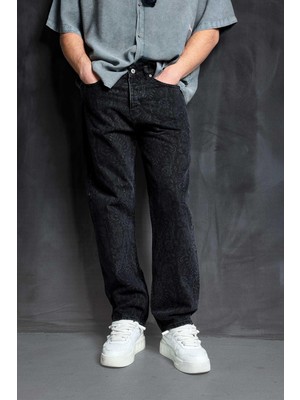 Abluka Online Erkek Desenli Baggy Fit Jean Siyah