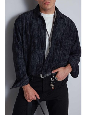 Abluka Online Erkek Oversize Kadife Dokulu Gömlek Siyah