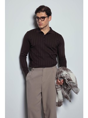 Abluka Online Erkek Slim Fit Premium Kumaş Polo Yaka Düğmeli Kazak Kahverengi