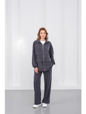 Gri Kadın Bel Lastik Detaylı Cepli Fermuar Kapamalı Oversize Modal Alt Üst Takım