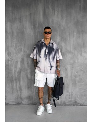 Abluka Online Erkek Süper Oversize Kısa Kollu Desenli Gömlek Siyah