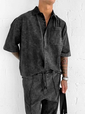 Abluka Online Erkek Kısa Kollu Yıkamalı Oversize Gömlek Siyah