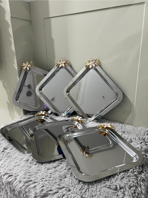 6'lı Paslanmaz Çelik Mini Papatya Aksesuarlı Kahve Sunum & Servis & Ikramlık Tepsisi