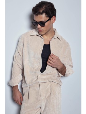 Abluka Online Erkek Oversize Kadife Dokulu Uzun Kollu Gömlek Taş Rengi