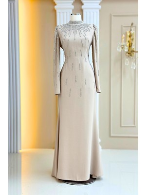 Amine Hüma Ayla Abiye Elbise Bej