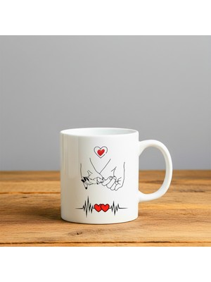 Finka Dekor Kalp Grafiği Çizgi Baskılı-Hediyelik Seramik Kupa Bardak