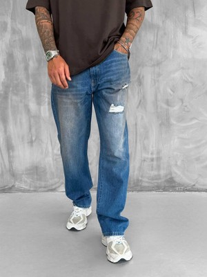 Abluka Online Erkek Yırtık Soluk Efektli Baggy Fit Jean Mavi