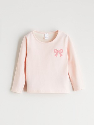 LC Waikiki Baby Pembe Bisiklet Yaka Fiyonk Nakışlı Kız Bebek Tişört