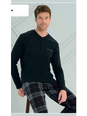 Biricik İç Giyim Biricik Iç Giyim Siyah Renk Altı Ekoseli Üç Düğmeli Erkek Cepli Pijama Takımı, Erkek Ev Giyim