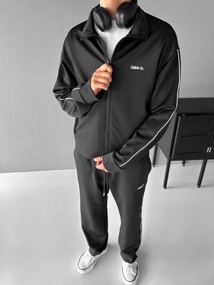 Abluka Online Erkek Oversize Fermuarlı Baskılı Sweatshirt Siyah