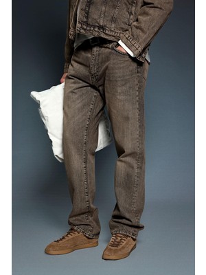Abluka Online Erkek Yıkamalı Baggy Fit Jean Pantolon Kahverengi