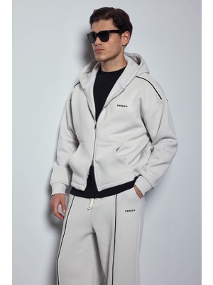Abluka Online Erkek Oversize Fermuarlı Kapüşonlu Eşofman Takımı Gri