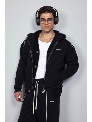 Abluka Online Erkek Oversize Fermuarlı Kapüşonlu Eşofman Takımı Siyah