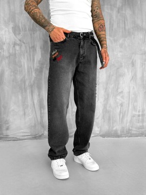 Abluka Online Erkek Slogan İşlemeli Baggy Jean Pantolon Siyah
