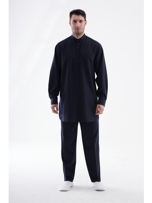 Beratnur Erkek Hac ve Umre Kıyafeti Ikili Alt Üst Afgan Takım - Lacivert