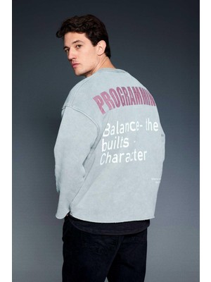 Abluka Online Erkek Yazı Baskılı Oversize Sweatshirt Gri