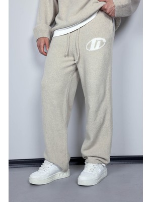 Abluka Online Erkek Oversize Logo Detaylı Tüylü Jogger Pantolon Bej