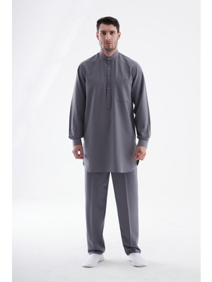 Beratnur Erkek Hac ve Umre Kıyafeti Ikili Alt Üst Afgan Takım - Gri