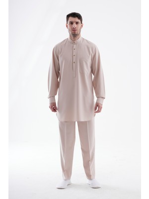 Beratnur Erkek Hac ve Umre Kıyafeti Ikili Alt Üst Afgan Takım - Bej