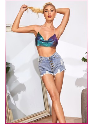 Parlak Crop & Bluz Kolsuz Kayık Yaka Zırh Büstiyer