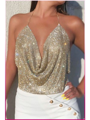 Kristal Taşlı Parlak Crop & Bluz Kolsuz Kayık Yaka Parti Plaj Büstiyer