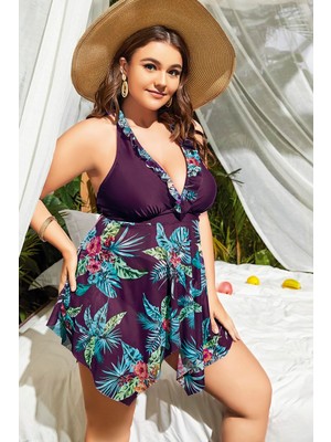 Arias Closet Büyük Beden Mor Üstüne Çiçek Desenli Boyundan Bağlamalı Elbise