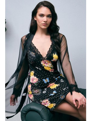 Arias Closet Tül Sabahlık ve Viskon Çiçek Baskılı Dantelli Kısa Gecelik Takım